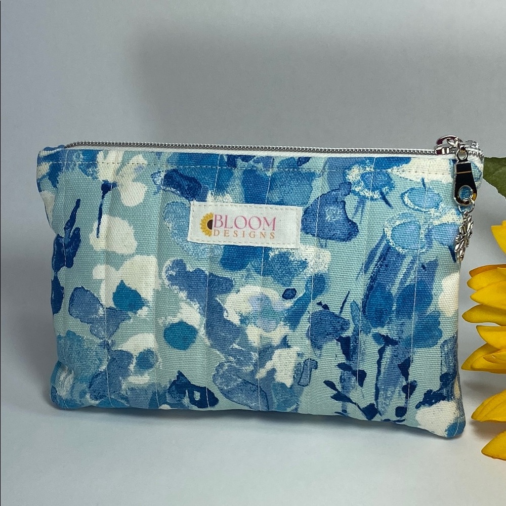 Hand Crafted Blue and White Cosmetic Bag with Watercolor Design
